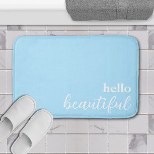 Hello Beautiful Typography White & Pastel Blue Bath Mat