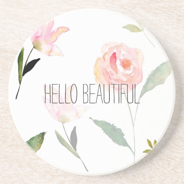 Hello Beautiful Watercolor Floral Drink Coaster (Front)