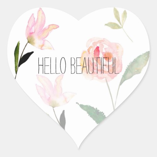 Hello Beautiful Watercolor Floral Heart Sticker