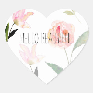 Hello Beautiful Watercolor Floral Heart Sticker