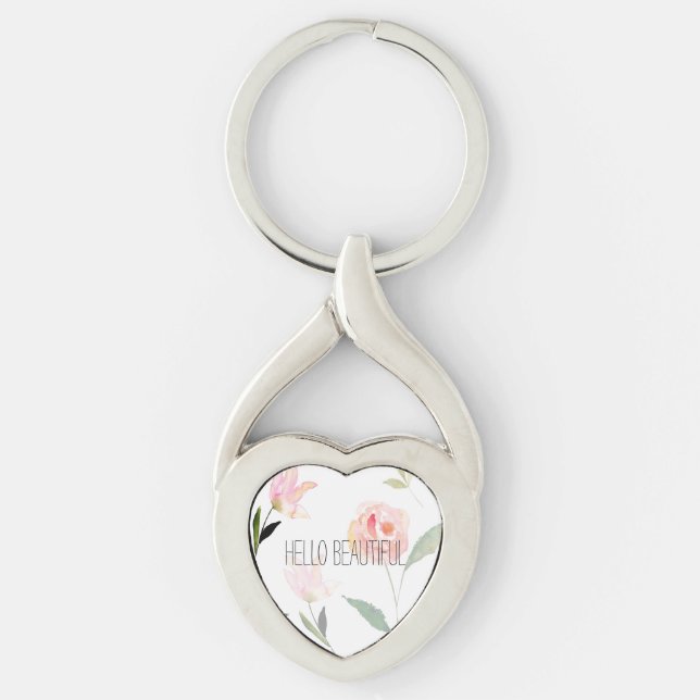 Hello Beautiful Watercolor Floral Keychain (Front)
