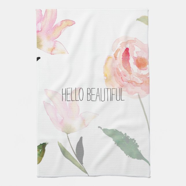 Hello Beautiful Watercolor Floral Towel (Vertical)