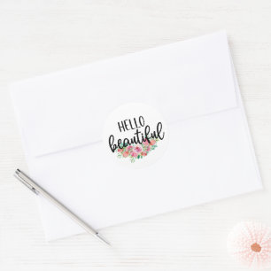 Hello Beautiful Watercolor Roses Typography Chic Classic Round Sticker