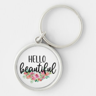 Hello Beautiful Watercolor Roses Typography Chic  Keychain