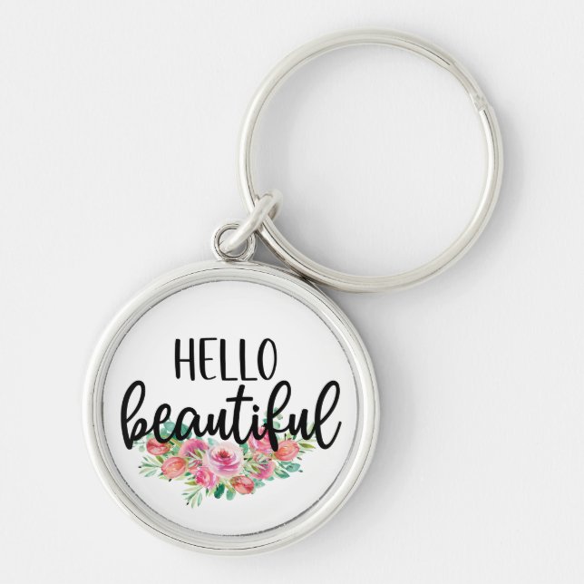 Hello Beautiful Watercolor Roses Typography Chic  Keychain (Front)