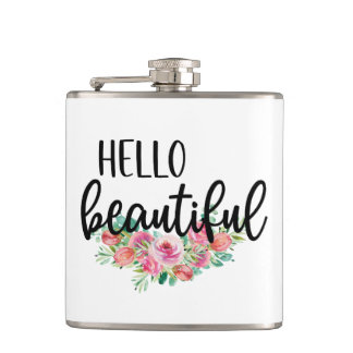 Hello Beautiful Watercolor Roses Typography Modern Flask
