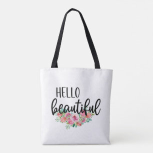 Hello Beautiful Watercolor Roses Typography Modern Tote Bag