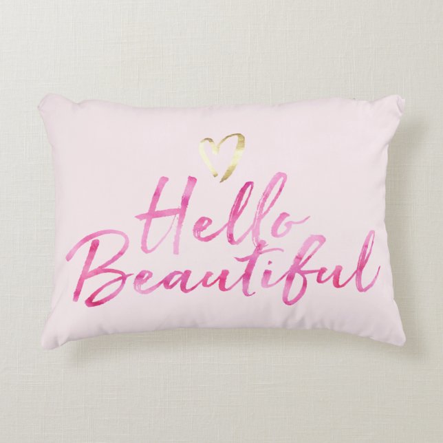 Hello Beautiful with Gold Heart Accent Pillow (Front)
