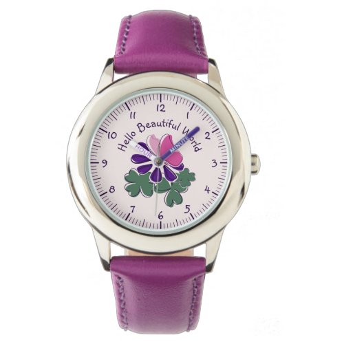 Hello Beautiful World Pink Butterfly Purple Flower Watch