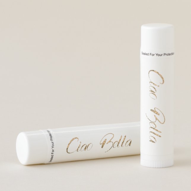 Hello Beauty Ciao Bella White Gold Glitter Script Lip Balm (Front)