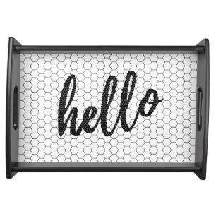 "Hello" Black And White Tile Design Serving Tray
