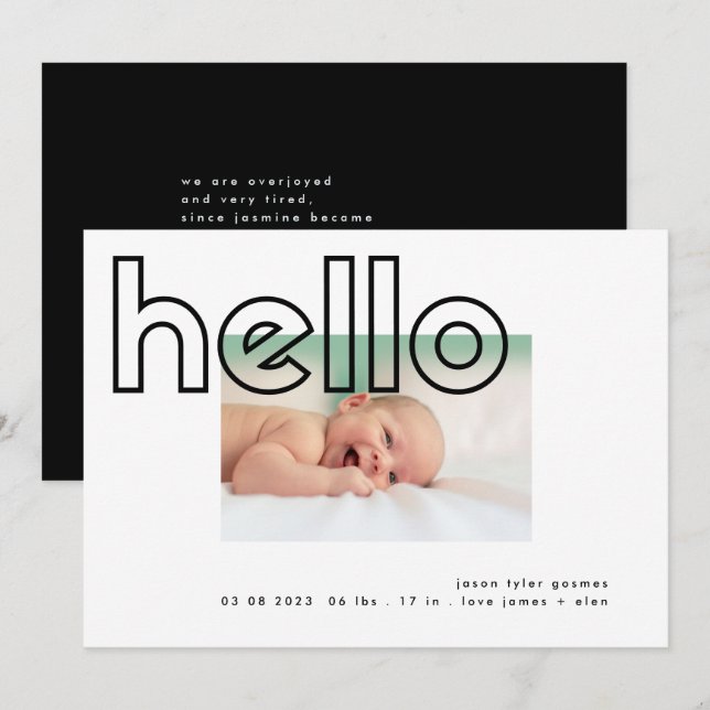 hello black on white modern simple minimalistic bb announcement (Front/Back)