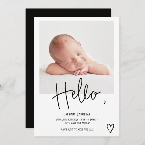 Hello black script heart photo cute baby birth announcement
