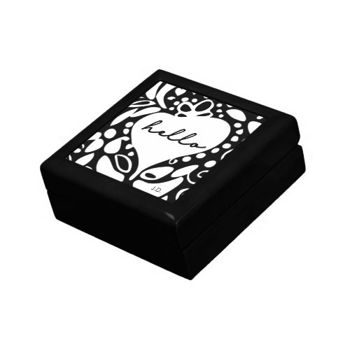 Hello Black  White hearts leaves pattern Jewelry Box