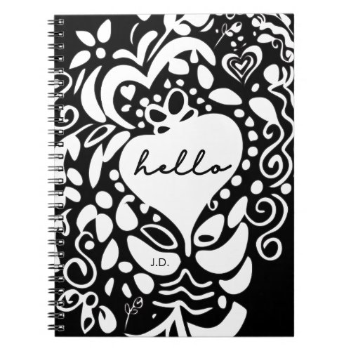 Hello Black  White hearts leaves pattern Notebook