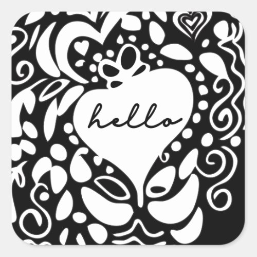 Hello Black  White hearts leaves pattern Square Sticker