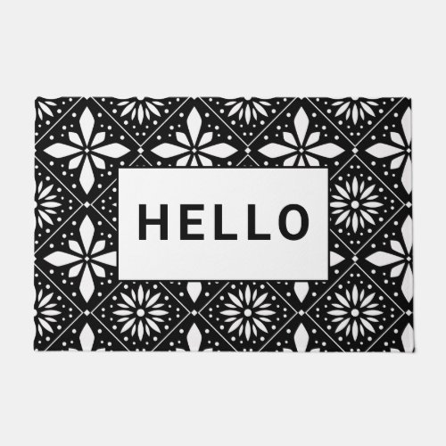 Hello Black White Motif Geometric Pattern  Doormat
