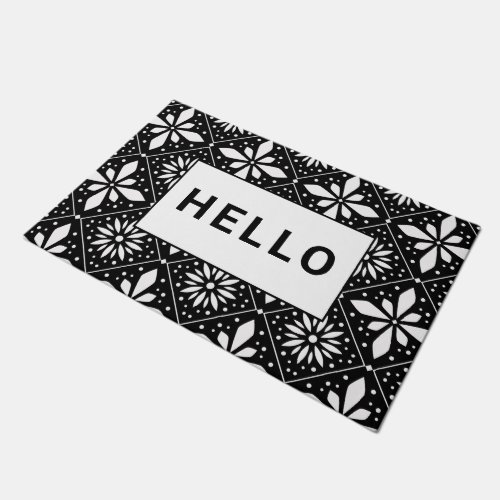 Hello Black White Motif Geometric Pattern  Doormat