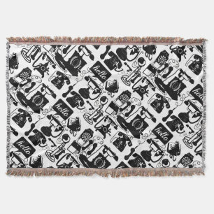Hello Black White Vintage Telephone Pattern Throw Blanket