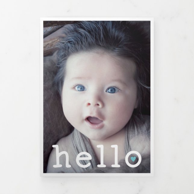 Hello Blue Heart Photo Collage Baby Tri-Fold Announcement (Cover)