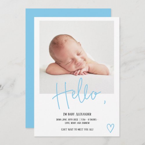 Hello blue script heart photo boy baby birth announcement