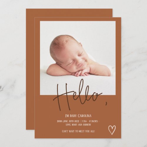 Hello boho script heart photo cute baby birth announcement