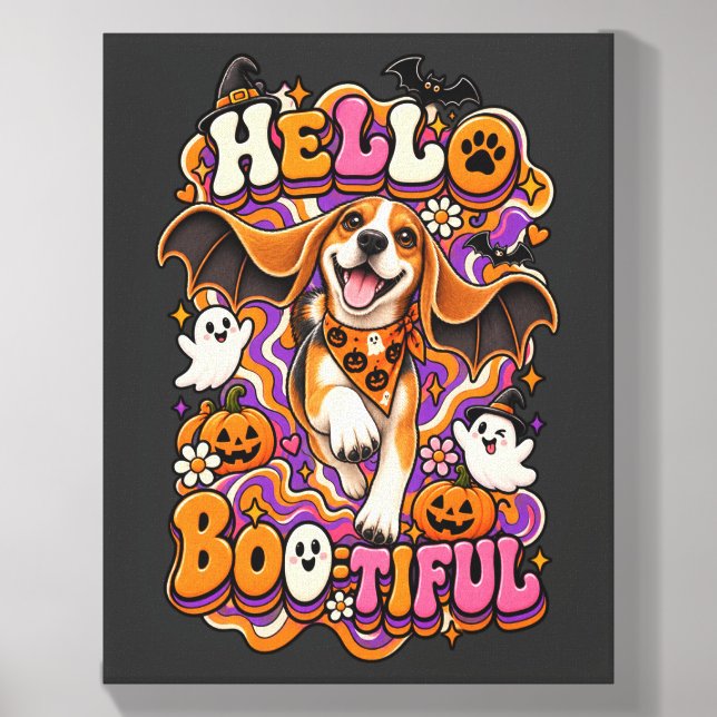 Hello Bootiful Beagle Halloween Funny Groovy Witch Canvas Photo Tile (Front Set)