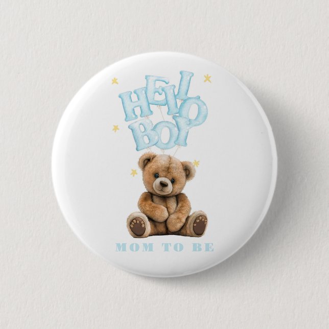 Hello Boy Balloon Teddy Bear Boy Baby Shower Button (Front)