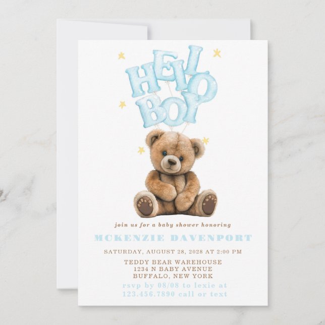 Hello Boy Balloon Teddy Bear Boy Baby Shower Invitation (Front)