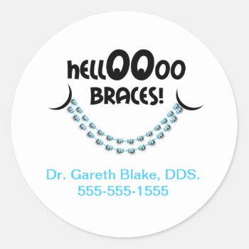Hello Braces Blue Orthodontist Patient Custom Classic Round Sticker by PamJArts at Zazzle