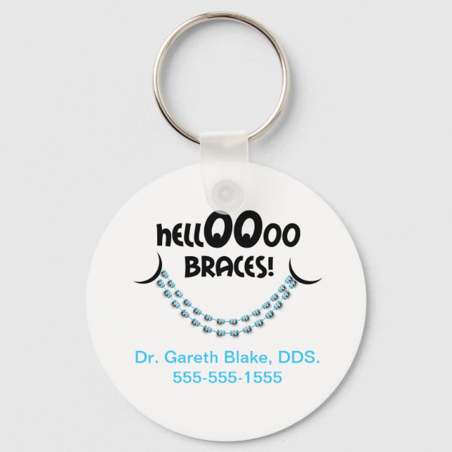 Hello Braces Blue Orthodontist Patient Gift Custom Keychain (Front)