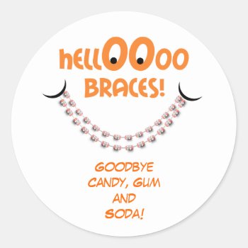 Hello Braces Orange Orthodontist Patient Reminder Classic Round Sticker by PamJArts at Zazzle