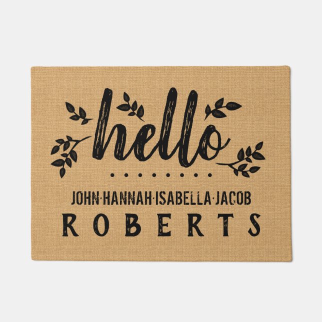 Hello Burlap Leaf Farmhouse Feedsack Personalized Doormat (Front)