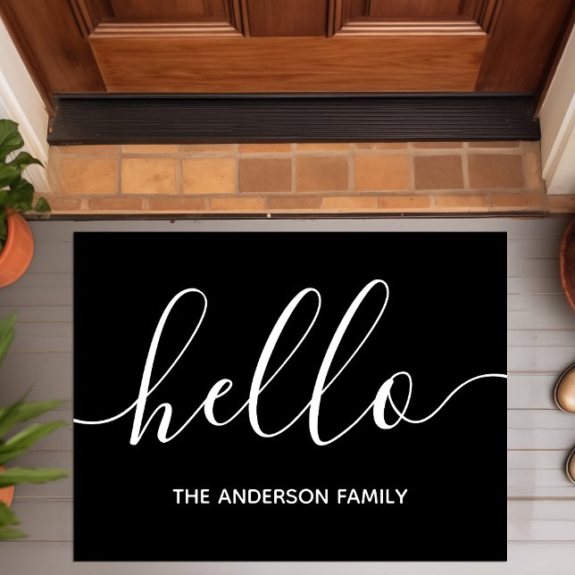 Hello Calligraphy Script Modern Black Personalized Doormat (Creator Uploaded)