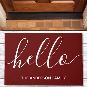 Hello Calligraphy Script Modern Burgundy Doormat