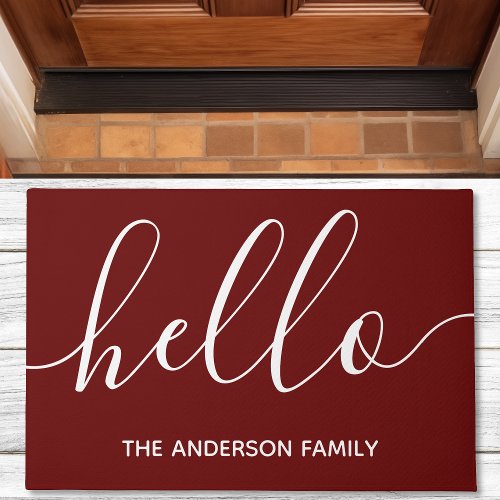 Hello Calligraphy Script Modern Burgundy Doormat