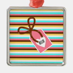 Hello Candy Chocolate Stripe Heart Label Metal Ornament