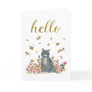 Hello Cat and Flowers Illustrated Thinking of You Card