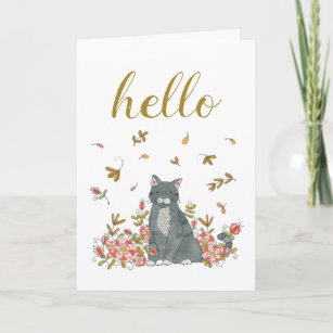 Hello Cat and Flowers Illustrated Thinking of You Card