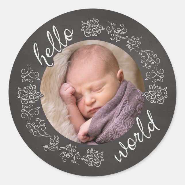 Hello Chalkboard Baby's First Personalized Photo Classic Round Sticker (Front)