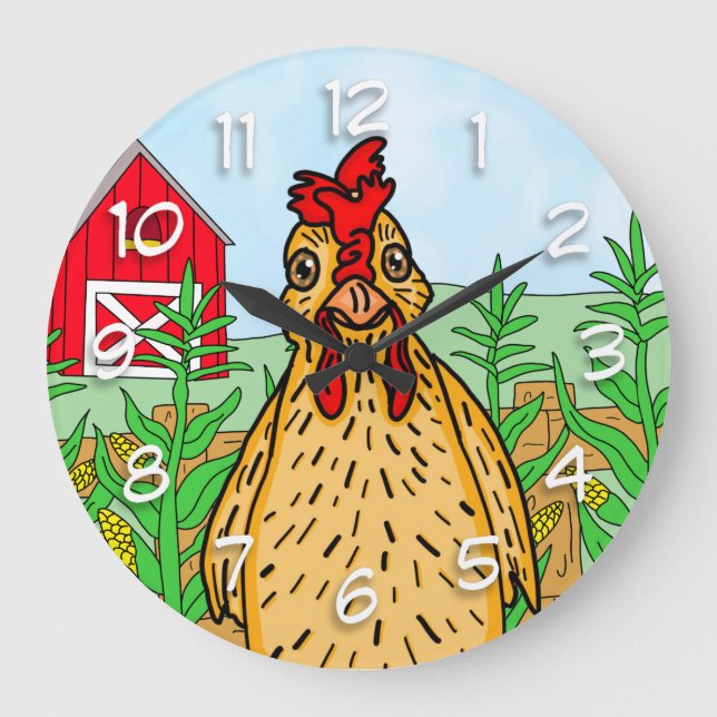 Hello Chicken | Cute Cartoon Drawing   Large Clock (Front)
