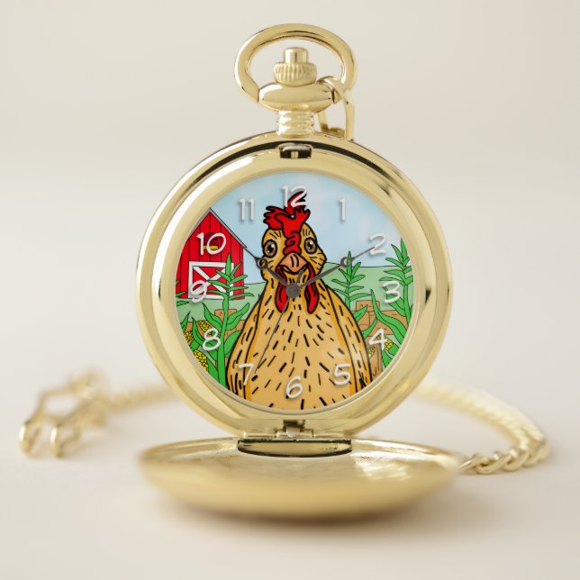 Hello Chicken | Cute Cartoon Drawing  Pocket Watch (Inside)