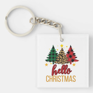 Hello christmas Leopard Print Plaid Trees keychain