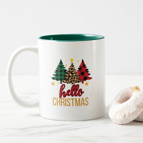 Hello Christmas with plaid trees coffe mug