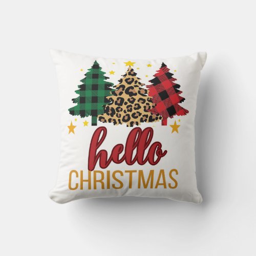 Hello Christmas with plaid trees Throw Pillow