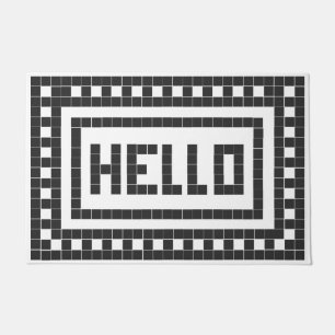 "Hello" Classic Black and White Square Tile Doormat
