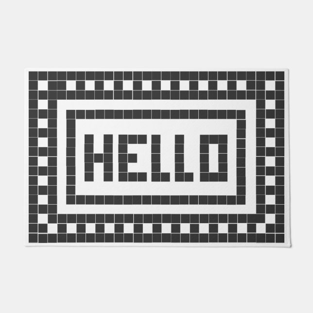 "Hello" Classic Black and White Square Tile Doormat (Front)