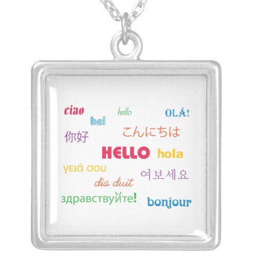 Hello Colorful Typography Many Languages Silver Plated Necklace