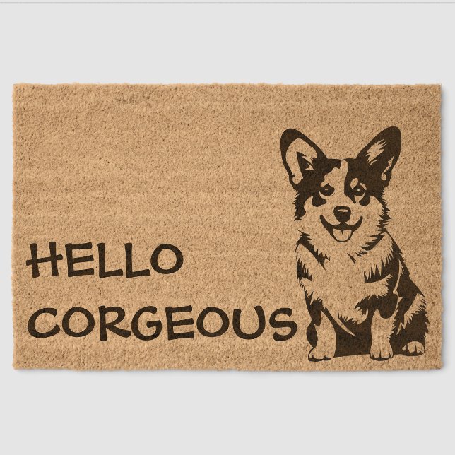 'Hello Corgeous' Corgi Lovers Pet Parent Gift Fiber Doormat (Front)
