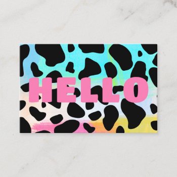 Hello Cow Print Black Pink Aqua Yellow Abstract Business Card by TabbyGun at Zazzle